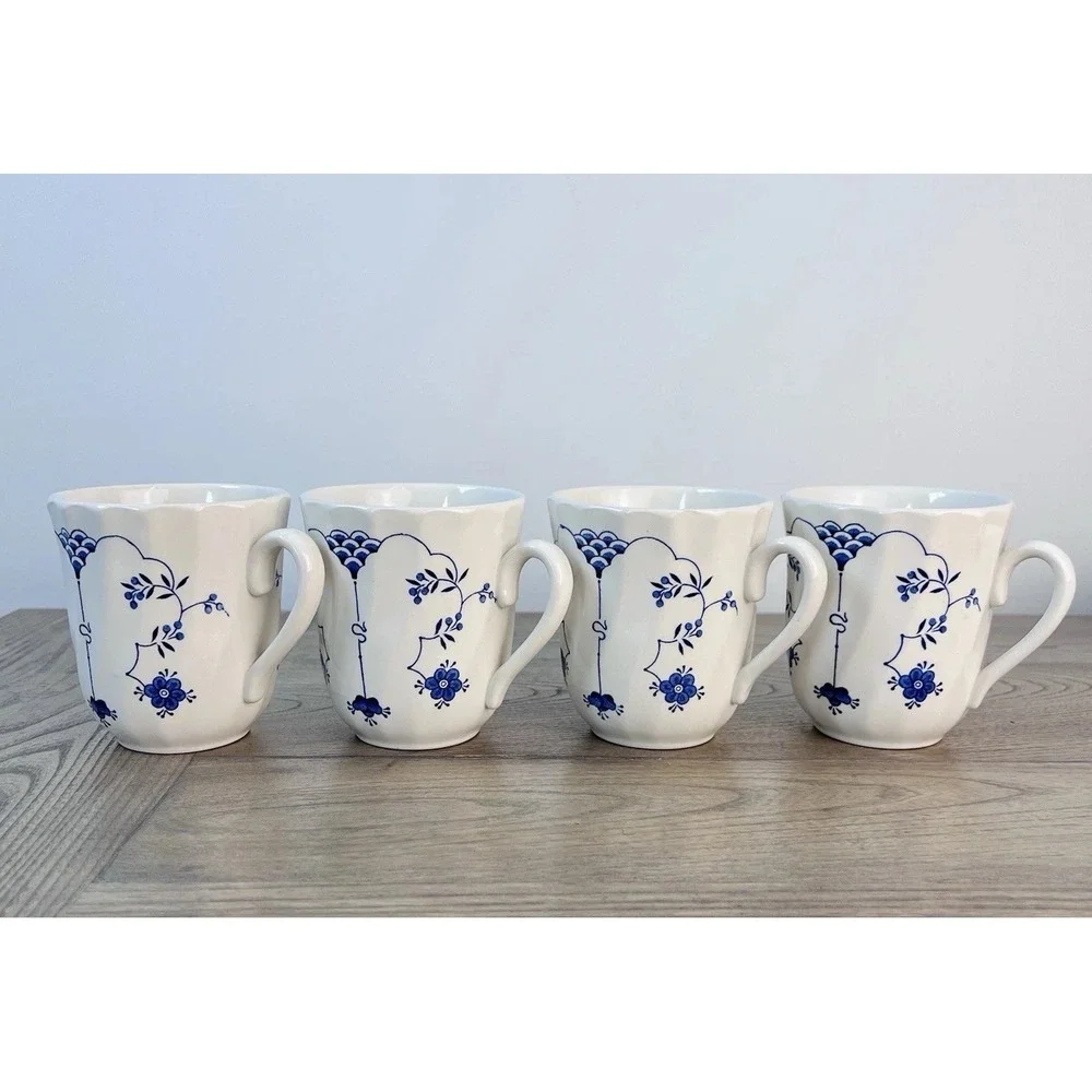 Four (4) Vintage Staffordshire Finlandia Mugs w/ Blue Flowers ~ England